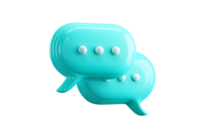 Glossy turquoise speech bubbles with ellipsis dots. Communicates conversation or messaging on a transparent background png