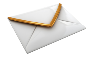 Glossy white envelope with a shiny golden trim on its flap, on a transparent background png