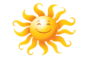 Smiling sun with curved rays, a cartoon-style happy face against a transparent background png