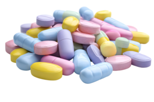 Pile of pastel pills in various shapes and sizes, ranging from round to oval, on a transparent backdrop png