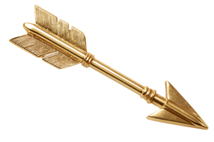 Golden arrow. Symbolic object with pointed head and fletched tail. Gleaming finish with detailed design png