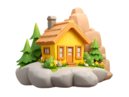 Cozy yellow cabin nestled among rocks and trees. A scenic, peaceful, small home png