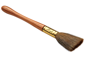 Small, round paint brush with wooden handle and golden ferrule, set against a transparent background png