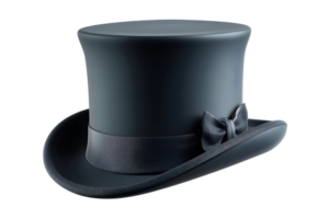 Sleek grey top hat with a bow tie accent angled view with gradient lighting, on a transparent background. png