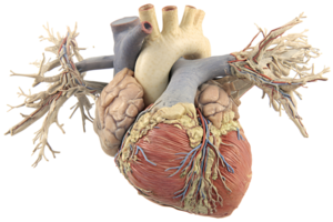 Human heart anatomy. Veins, arteries, and cardiac structure with detailed textures and colors, isolated on a transparent background png