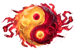 Fiery yin yang symbol, half golden, half red. Centers contain opposing colored circles. Swirling, abstract design png