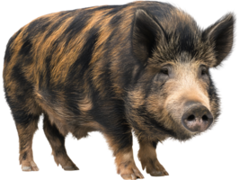 Striped hog with a light snout and ears, standing against a transparent backdrop png