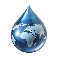 World in a water drop 3d render, planet earth reflection on liquid sphere, environmental concept png