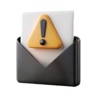 Warning message in envelope 3d, urgent letter with exclamation mark, isolated png