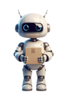 Cute robot delivering cardboard box, friendly ai helper with package png