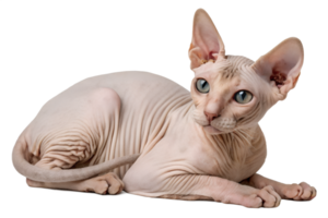 Sphynx cat lying down, hairless feline resting, isolated on the transparent background png