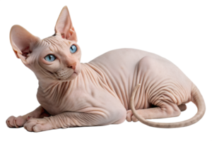 Sphynx cat with striking blue eyes lying isolated, hairless pet on transparent background png