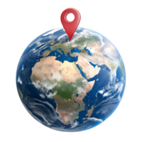 World map globe with bold red location pin, navigation and destination symbol png