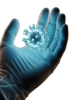 Virus in gloved doctor's hand isolated on transparent background, medical pathogen close-up png