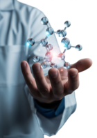 Scientist holding molecular structure in hand isolated on transparent background, chemistry research png