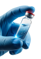 Gloved hand holding vial of vaccine for injection isolated on transparent background, immunization concept png