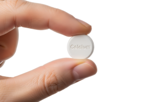 Calcium tablet in hand isolated, health care or nutrition concept, transparent background png