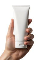 Cosmetic product tube held in hand, clean modern design, blank container for label design png