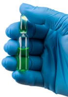 Scientist gripping ampoule with glowing green liquid isolated on transparent background, experimental drug or toxin png