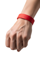 Wrist wearing thin red string bracelet isolated, boho style on transparent background png