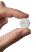 Hand holding calcium tablet isolated on transparent background, white supplement close-up png