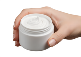 Skincare cream jar in hand, moisturizer or face product, isolated on the transparent background png