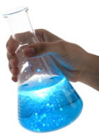 Hand holding flask with glowing blue liquid isolated on transparent background, sci-fi experiment png