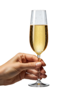 Hand holding champagne flute with sparkling bubbly drink, isolated on transparent background, celebration, toast, party, luxury, and festivity png