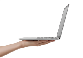 Laptop held in hand isolated on transparent background, sleek modern tech device png