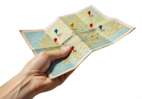 Vintage-style map with marked route and location pins, travel planning and navigation concept png