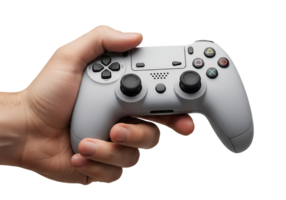 Hand holding game controller on transparent background, modern gaming device png