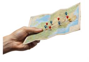 Hand holding folded map with marked route and location pins, isolated on transparent background, travel planning, navigation, adventure journey concept png