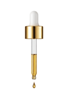 Glass dropper bottle with serum droplet, clear golden liquid falling, skincare routine essential png