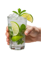Refreshing mojito cocktail with lime and mint on transparent background, summer drink with ice cubes png