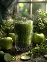 Fresh Green Smoothie with Apples and Cucumber on Wooden Table photo