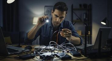 Man troubleshooting tangled network cables with flashlight at night photo