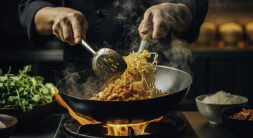 Professional chef stir frying noodles and kimchi in steaming wok over open flame photo