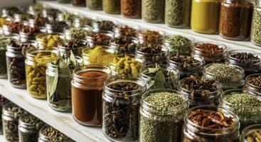 Close up of numerous clear glass jars filled with colorful dried spices and herbs on shelves photo