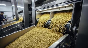 Automated grain sorting machine processing chicken feed pellets in a modern industrial factory photo