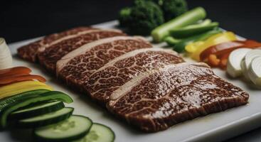 Raw marbled beef slices and fresh colorful vegetables on white cutting board photo