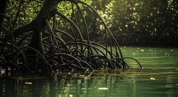 Intricate aerial root system of a mature mangrove tree emerging from calm emerald green water. photo