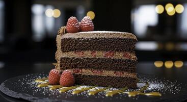 Decadent chocolate fudge cake slice with raspberry layers and powdered sugar photo