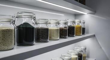 Modern pantry shelf with glass jars of superfoods and grains photo