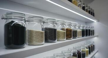 Modern minimalist pantry with superfood jars on illuminated white shelves photo