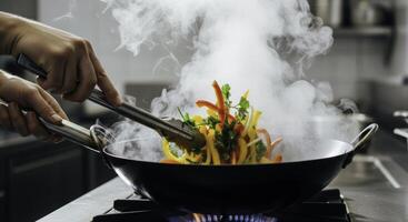 Close up of a chef hands stir frying colorful vegetables in a steaming wok photo