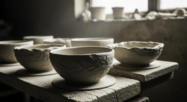 Unglazed clay pottery bowls drying on wooden workbench in traditional workshop photo