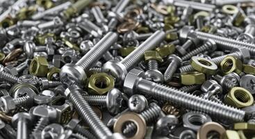 Close up of a large pile of assorted metal fasteners, bolts, nuts, and screws photo