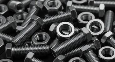 Close up of a large pile of polished silver steel nuts and bolts scattered photo