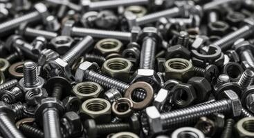 Industrial assortment of shiny metal bolts, nuts, washers, and screws photo