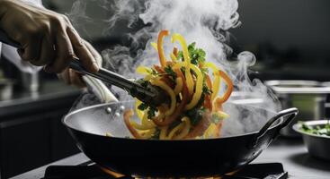 Professional chef cooking colorful bell peppers with tongs in a steaming wok photo
